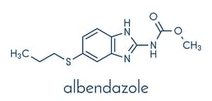 Albendazole anthelmintic drug molecule Used in treatment of parasitic worm infestations Skeletal formula