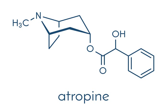 Atropine deadly nightshade Atropa belladonna alkaloid molecule Medicinal drug and poison also found in Jimson weed Datura stramonium and mandrake Mandragora officinarum Skeletal formula